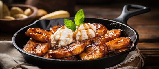 Wall Mural - Pan of Frozen Bananas, Ice Cream, Spoon Close-up