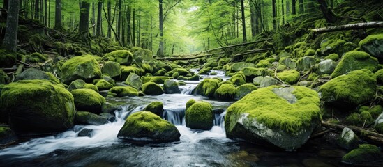 Canvas Print - A gentle stream flows through a leafy woodland studded with boulders