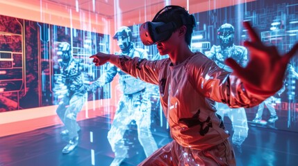 A female is in a virtual fantasy world Kung Fu fighting with opponents when wearing VR headset.