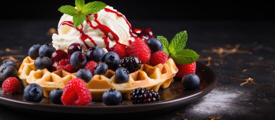 Canvas Print - Waffle with berries and ice cream on plate