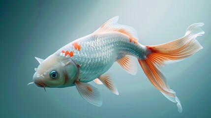 An illustration of a beautiful koi fish with white and orange scales, swimming gracefully in a clear blue pond.