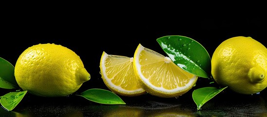 Canvas Print - Three fresh lemons and green leaves on dark surface