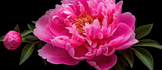 Poster - pink flower and green leaves on black background
