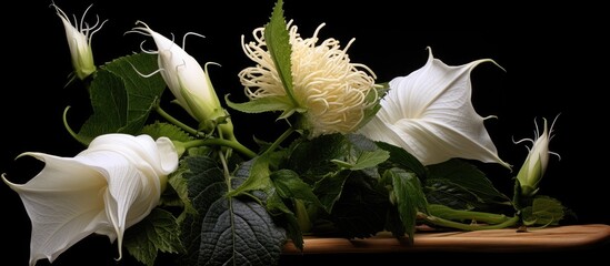 Wall Mural - Vase with White Blossoms and Green Foliage on Table