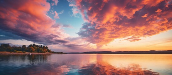 Sticker - A serene lake scene with boat at sunset