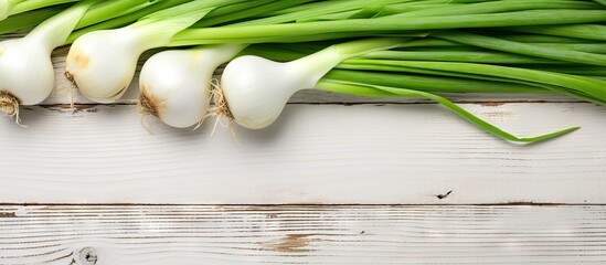 Wall Mural - Fresh green onions on a white wooden surface