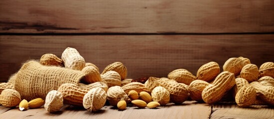 Poster - Peanuts on wooden table beside sack