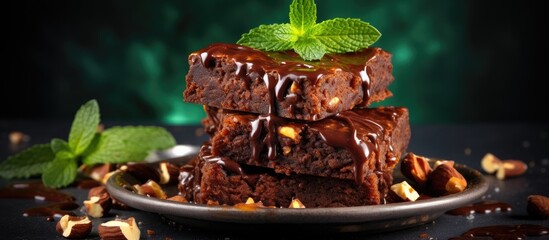 Canvas Print - Chocolate brownies with nuts and chocolate sauce on a plate