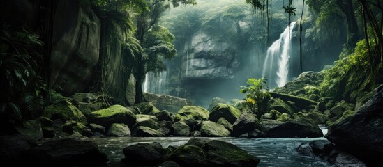 Poster - Waterfall in lush forest with rocks and trees