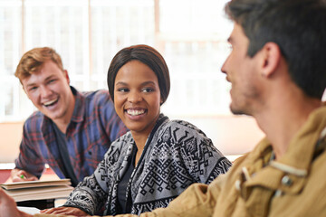Aufkleber - Students, friends and studying in discussion with books, smile and diversity in library for education. Men, woman and group at university, plan and talking for solution, planning and ready for exam