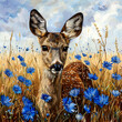 Cute little deer in a meadow among cornflowers.