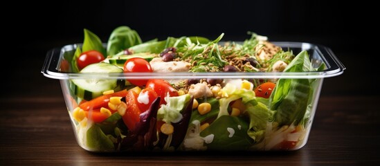 Sticker - Plastic box holds a fresh salad on table