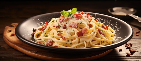 Wall Mural - Close-Up of Pasta Dish with Bacon and Parmesan Cheese