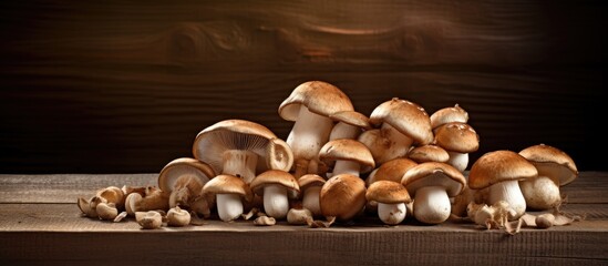 Poster - Various mushrooms arranged on rustic wooden table