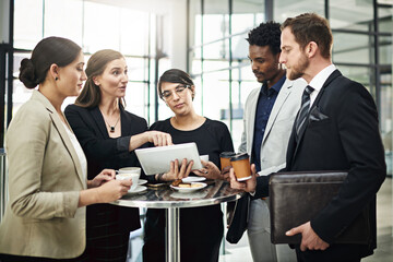 Aufkleber - Business, team and conversation with tablet in office for collaboration or partnership on company project for growth strategy. People, diversity and digital technology for online feedback of website.