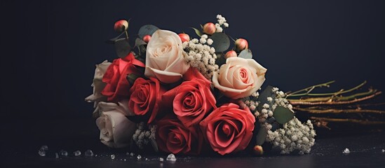 Wall Mural - Table with red roses and small white flowers