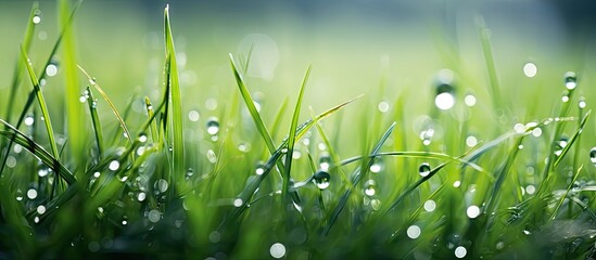 Wall Mural - Grass blades adorned with water droplets