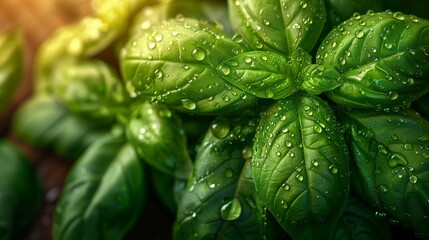 Canvas Print - Morning Dew on Fresh Basil Leaves, generative ai