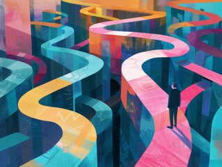 A man is walking down a long, winding path with many twists and turns