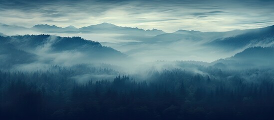 Mountains covered in mist under a dark sky