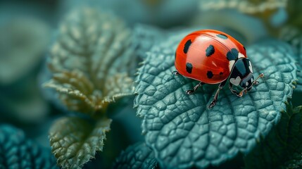 Canvas Print - Simplicity of Nature: Red Ladybug on Leaf, generative ai