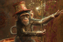 A Mischievous Monkey Stealing A Magician's Hat And Waving A Wand In The Air.