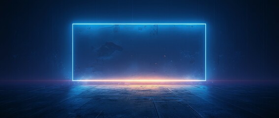 Wall Mural - Abstract futuristic background with neon blue and orange light on dark concrete wall in empty room with floor reflection 