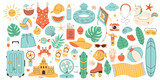 Fototapeta Boho - Big set of summer vacation stickers. Summer sport, leisure, food, clothes, objects. Vector illustration in flat style