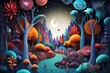 magical colorful forest paper art illustration