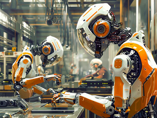 Wall Mural - Two robots are working in a factory