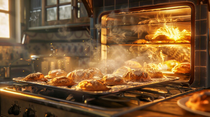 Wall Mural - A kitchen with a large oven and a tray of pastries inside