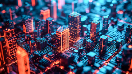Wall Mural - A cityscape with buildings lit up in neon colors