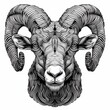 A close-up portrait of a horned ram. A pet looks into the camera. Imitation sketch print in black and white coloring. Illustration for cover, postcard, greeting card, interior design, decor or print.