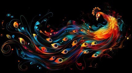 Aufkleber - a colorful peacock with swirly feathers on a black background. a magical creature made of fire.