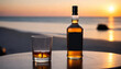 Bottle and glass of Whisky on a table with beach sea and sunset in background created with generative ai