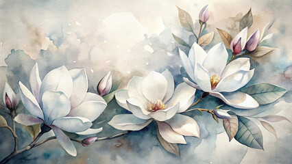 Wall Mural - Watercolor background magnolia blossoms