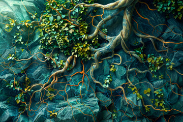 a painting of a tree with green leaves and brown roots