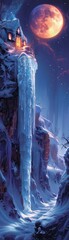 Canvas Print - a painting of a snowy mountain with a frozen waterfall