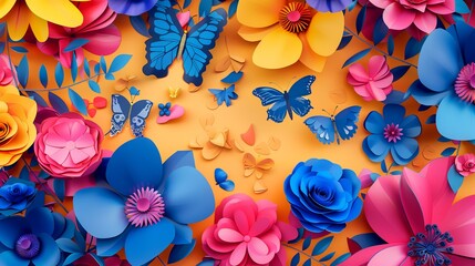 Wall Mural - Paper cut flowers and butterflies background. Paper art style. Vector illustration.