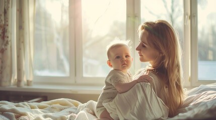 Wall Mural - Happy mom with smiling cute baby in bed.