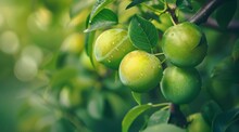Fresh Green Plums On A Tree Branch With Dew Drops