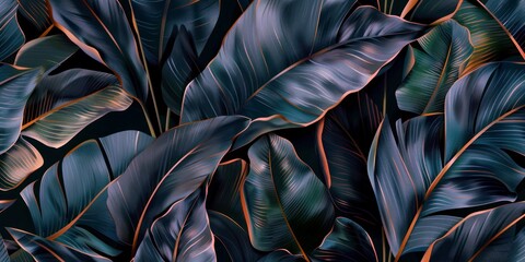 tropical flowers exotic dark moody green banana leaves and palm leaves seamless pattern, hand-drawn style fabric vintage 3D illustration, glamorous night dark background design luxury wallpaper