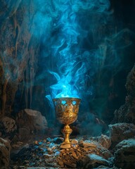 Wall Mural - Mystical blue flame emanating from an ornate golden chalice in a dark cave