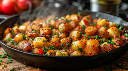 Wall Mural - A black pan filled with potatoes and other vegetables. The food is steaming and looks delicious. The pan is on a wooden table