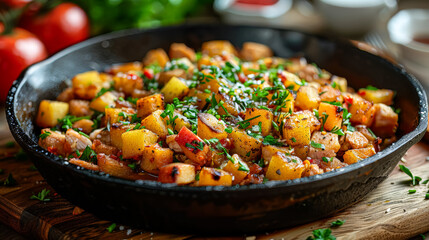 Wall Mural - A black pan filled with potatoes and other vegetables. The food is steaming and looks delicious. The pan is on a wooden table