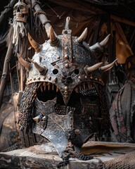 Intricate medieval warrior helmet displayed in a rustic setting
