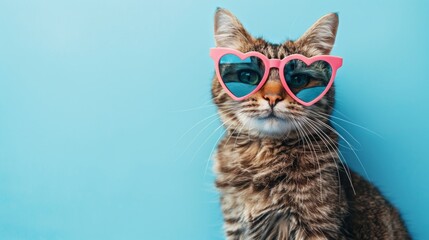Wall Mural - Funny cute cat wearing heart shape sunglasses