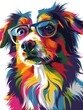 Vibrant, Colorful Pop Art Portrait of Dog with Glasses.