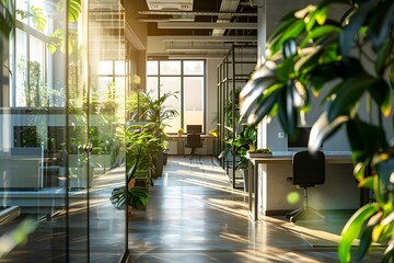 Sticker - Sunlit modern office with glass walls plants computers and minimal furniture. Concept Modern Office Design, Glass Walls, Indoor Plants, Minimalist Furniture, Sunlit Workspace