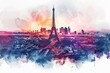 © Gener Vázquez - Illustration of Eiffel Tower in Paris France water color drone view